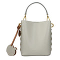 Gray leather handbag by Stella McCartney with sleek design and structured shape, featuring top handles and subtle branding details.