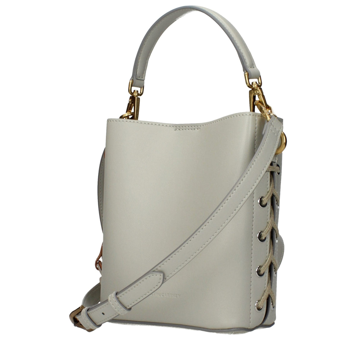 Gray leather Stella McCartney handbag with sleek design and minimalistic style, featuring silver-tone hardware and top handle.