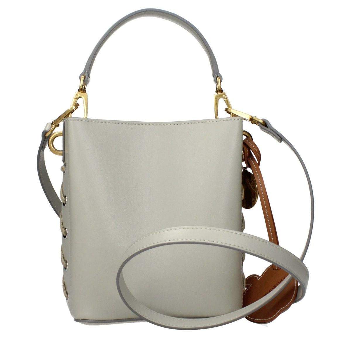 Gray leather handbag by Stella McCartney featuring sleek design and subtle branding, perfect for versatile everyday use.