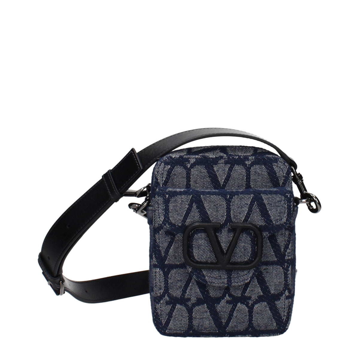 Valentino Garavani blue fabric crossbody bag with adjustable strap and silver hardware, stylish accessory for everyday wear.