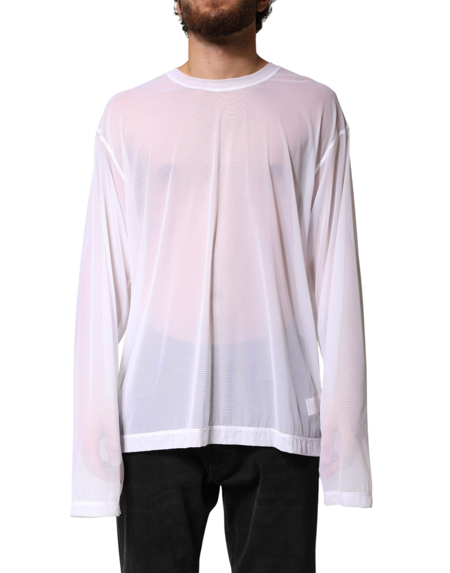 Dolce & Gabbana White Nylon Long Sleeves Crewneck T-Shirt Dolce & Gabbana