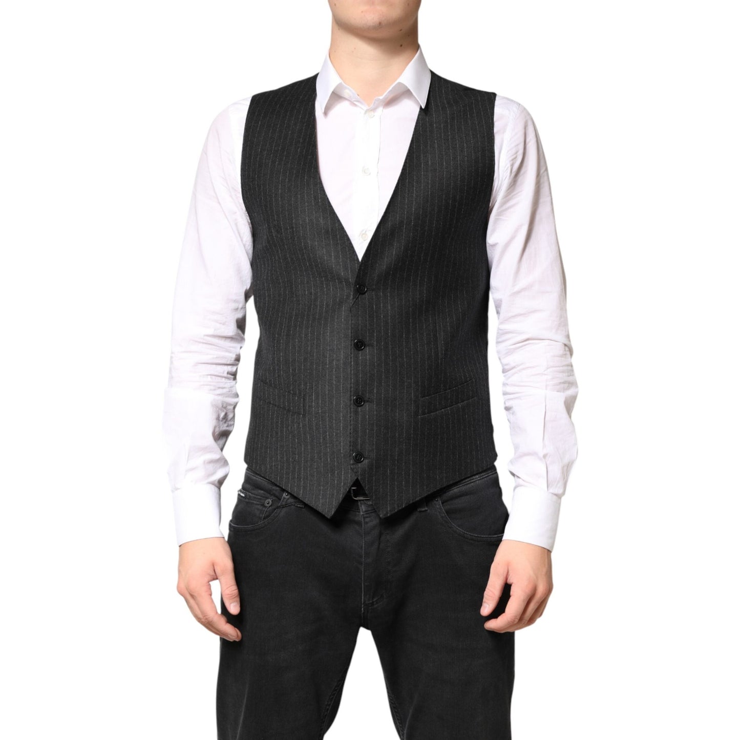 Dolce & Gabbana Black Stripes Wool Dress Men Waistcoat Vest Dolce & Gabbana