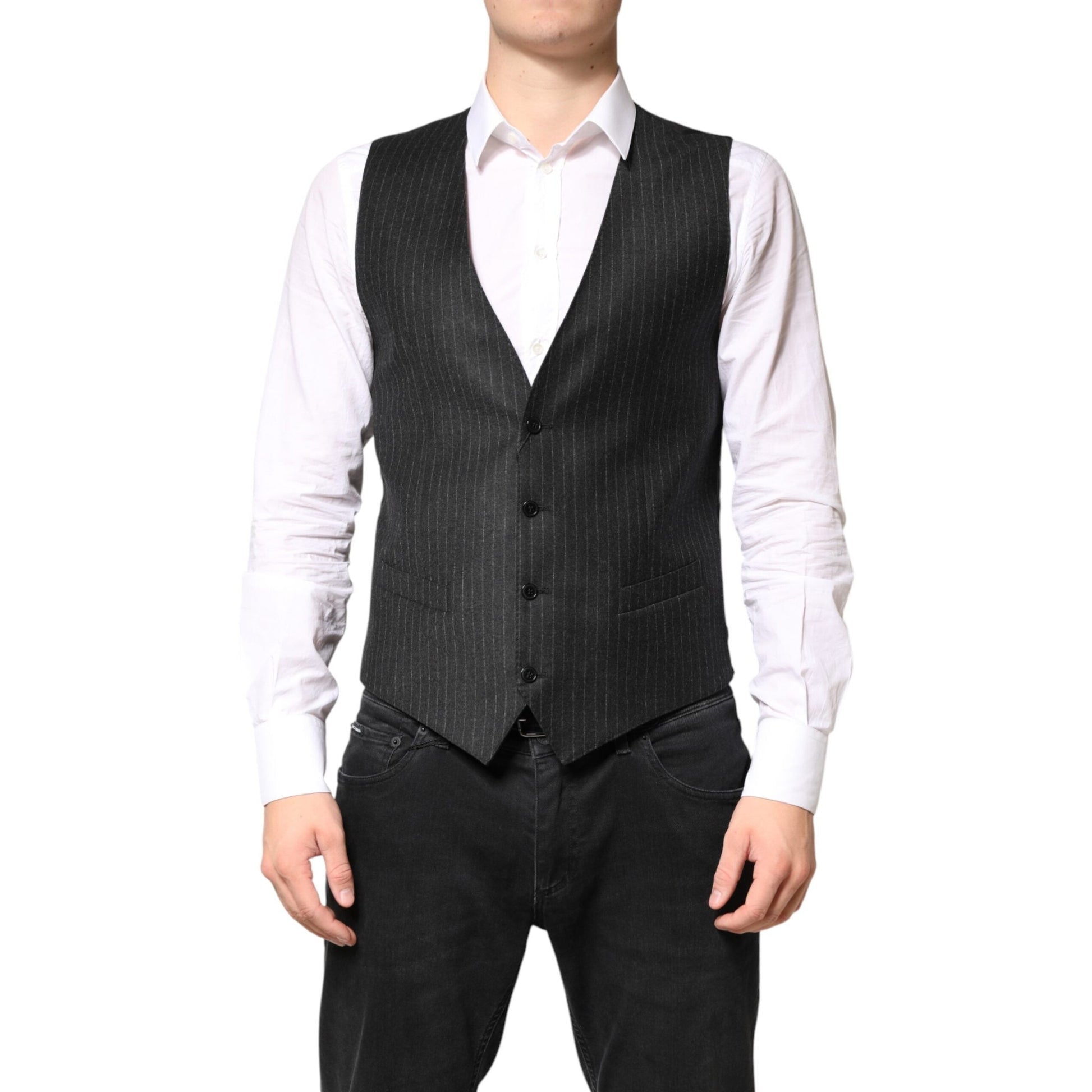 Dolce & Gabbana Black Stripes Wool Dress Men Waistcoat Vest Dolce & Gabbana