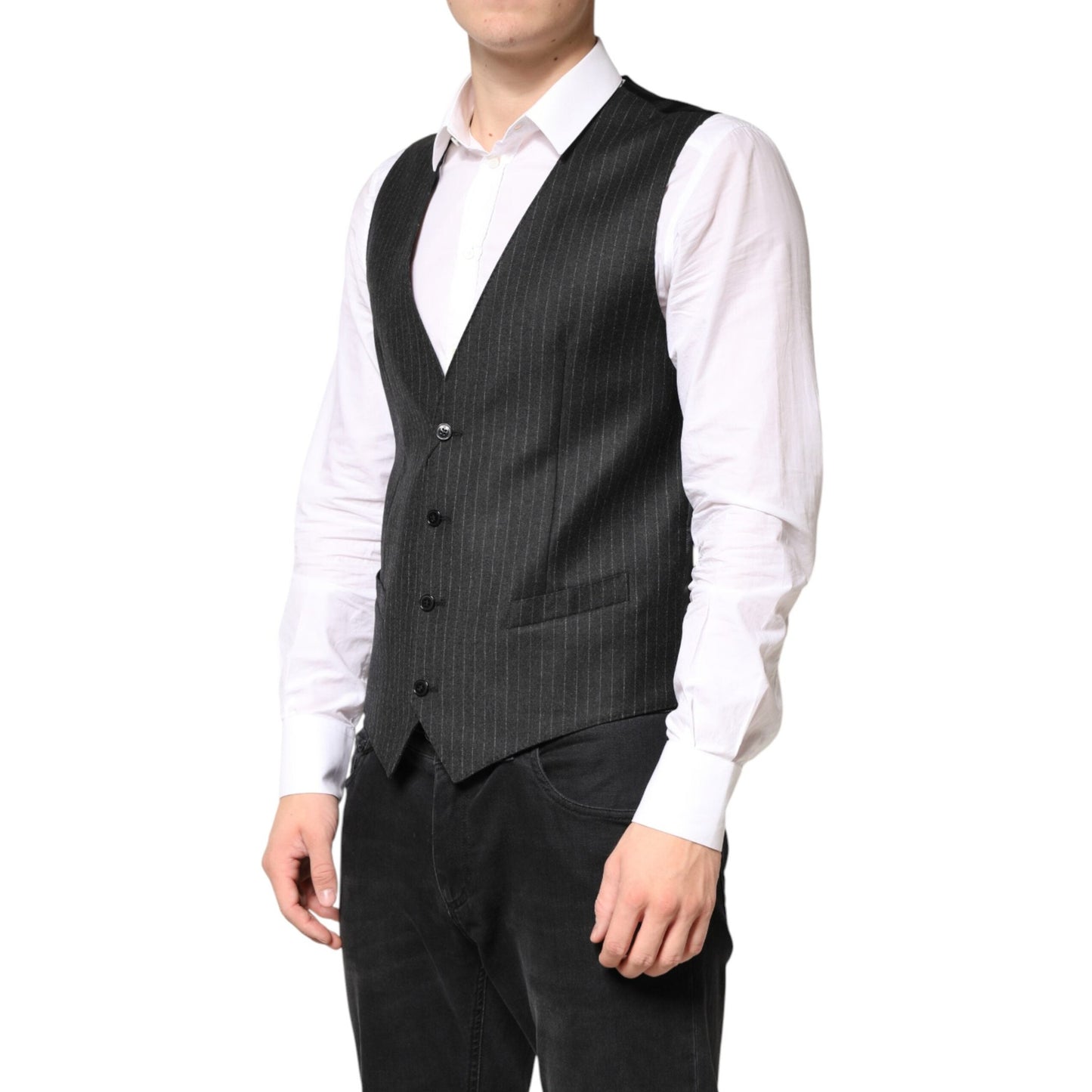 Dolce & Gabbana Black Stripes Wool Dress Men Waistcoat Vest Dolce & Gabbana