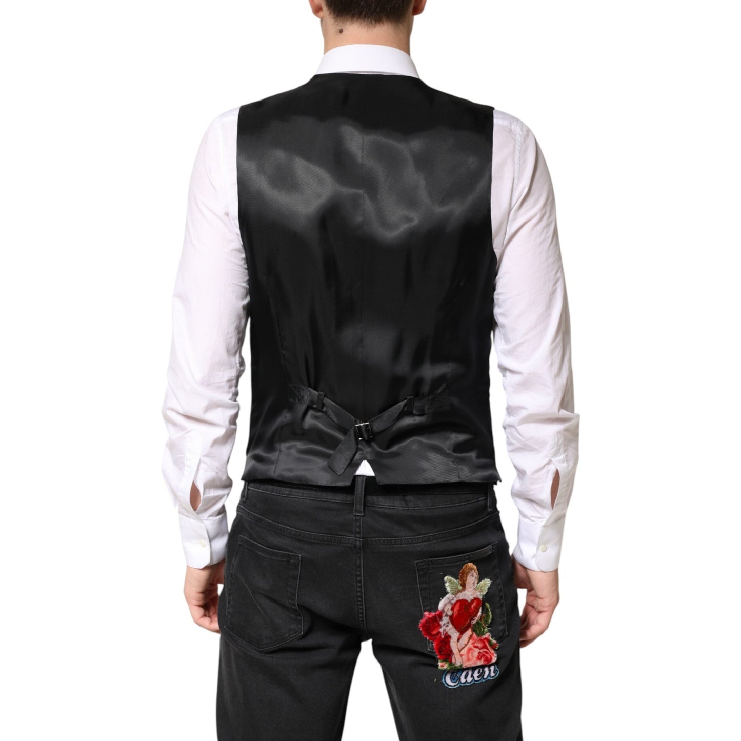 Dolce & Gabbana Black Stripes Wool Dress Men Waistcoat Vest Dolce & Gabbana