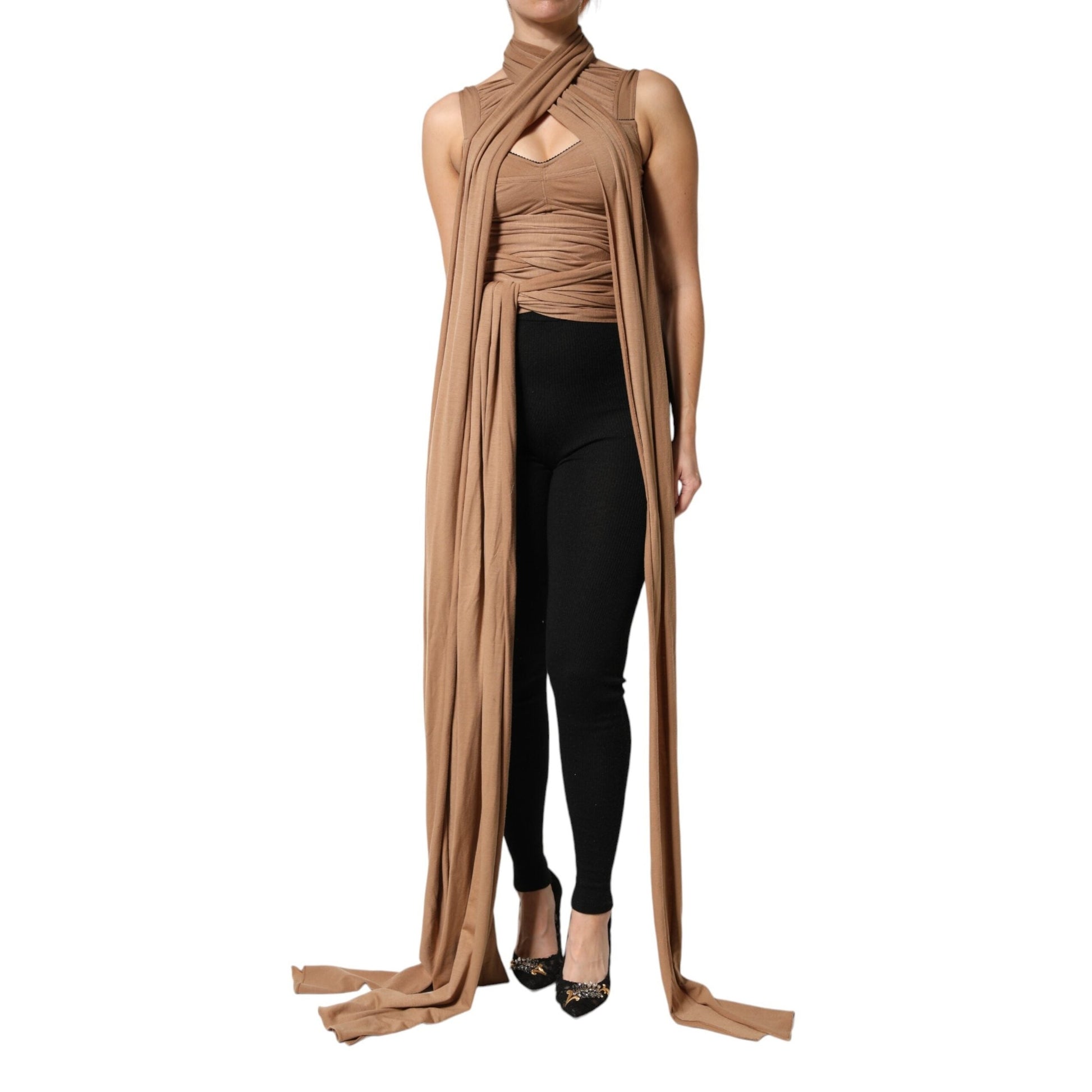 Dolce & Gabbana Brown Virgin Wool Sleeveless Scarf Tank Top Dolce & Gabbana