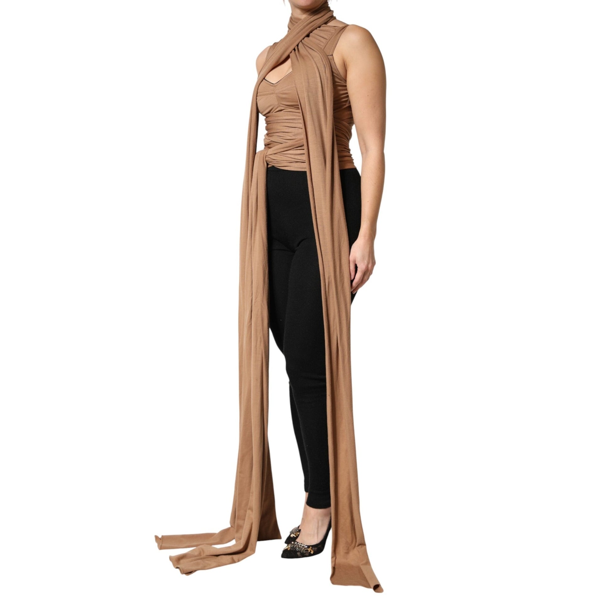 Dolce & Gabbana Brown Virgin Wool Sleeveless Scarf Tank Top Dolce & Gabbana