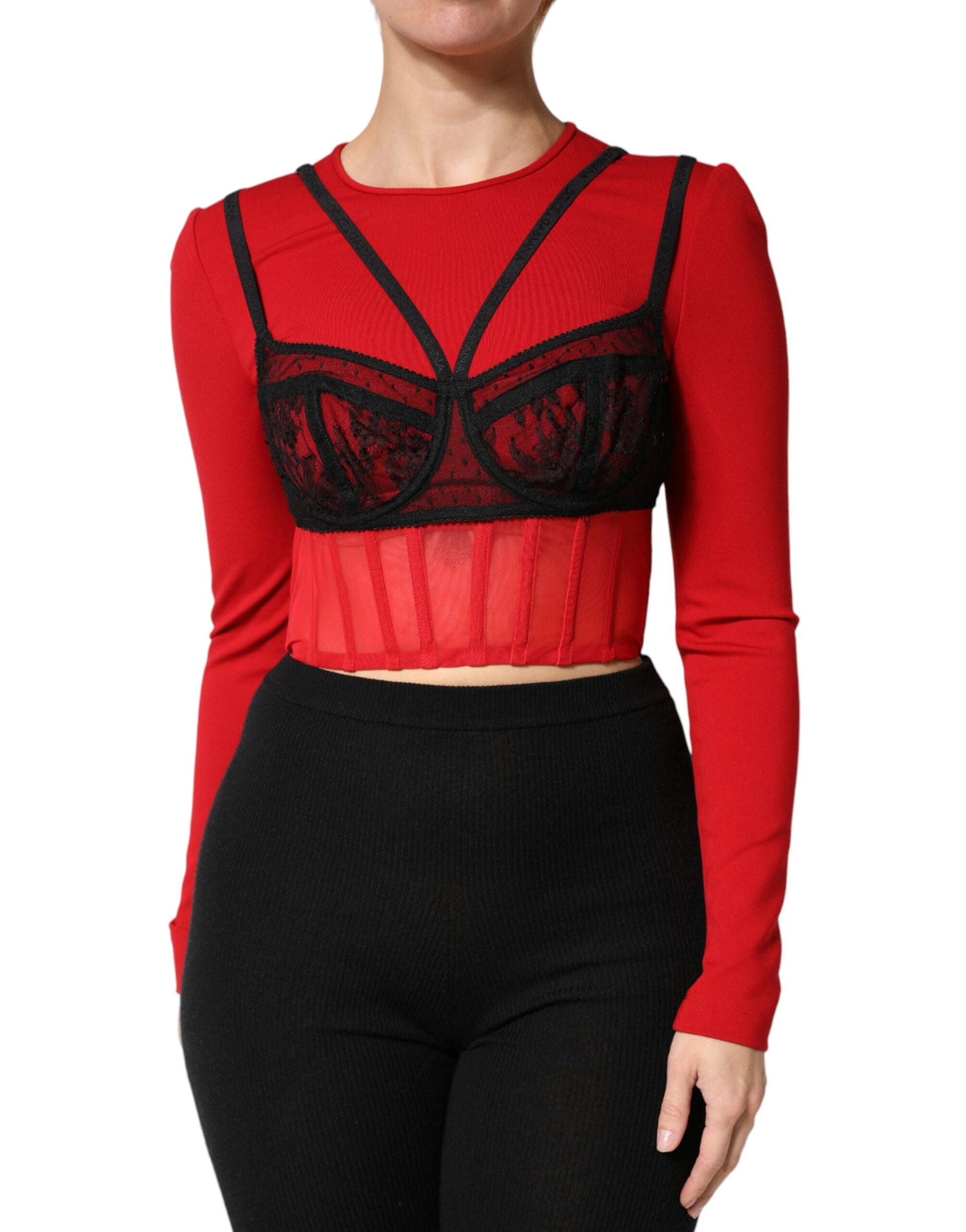 Dolce & Gabbana Red Black Nylon Bralette-Style Cropped Top Dolce & Gabbana