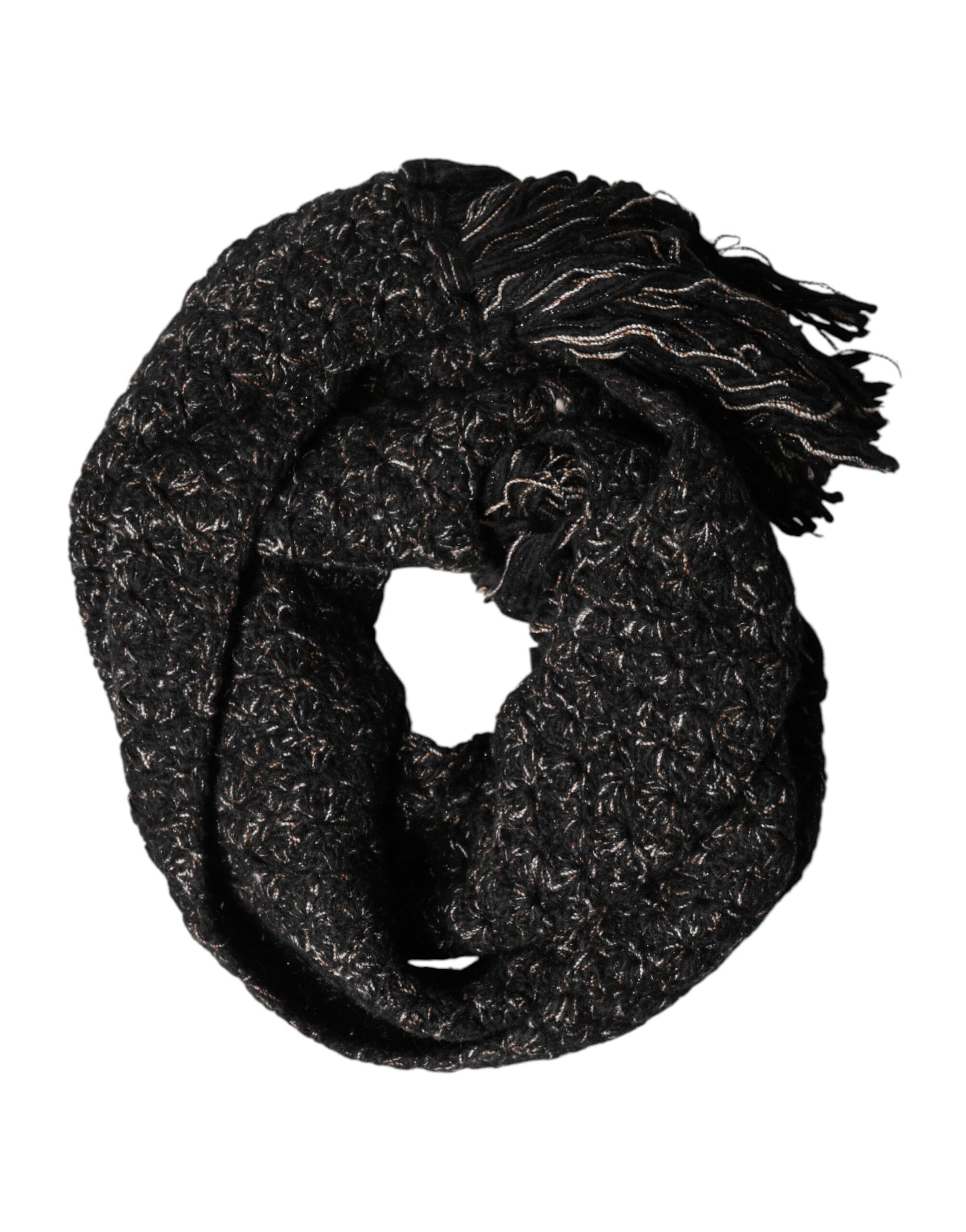 Dolce & Gabbana Black Wool Fringes Neck Wrap Foulard Scarf Dolce & Gabbana