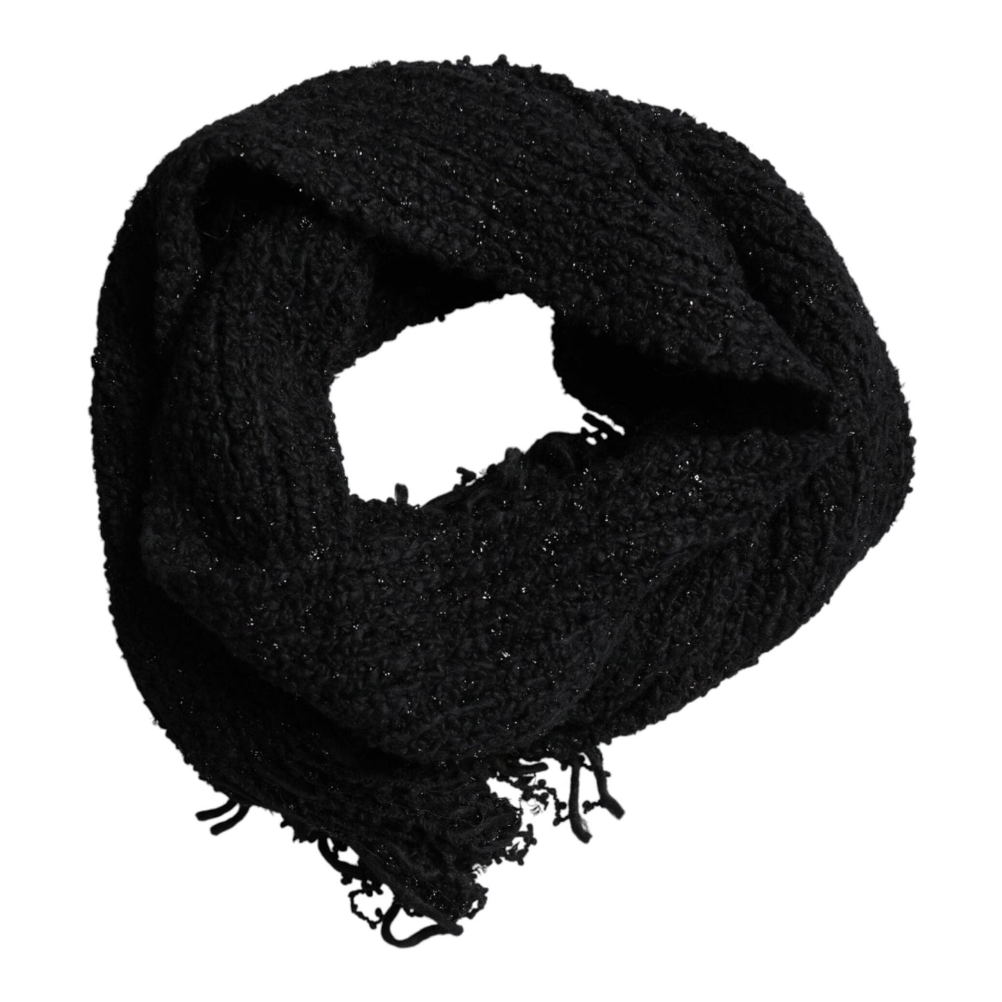Dolce & Gabbana Black Wool Fringes Neck Wrap Foulard Scarf Dolce & Gabbana