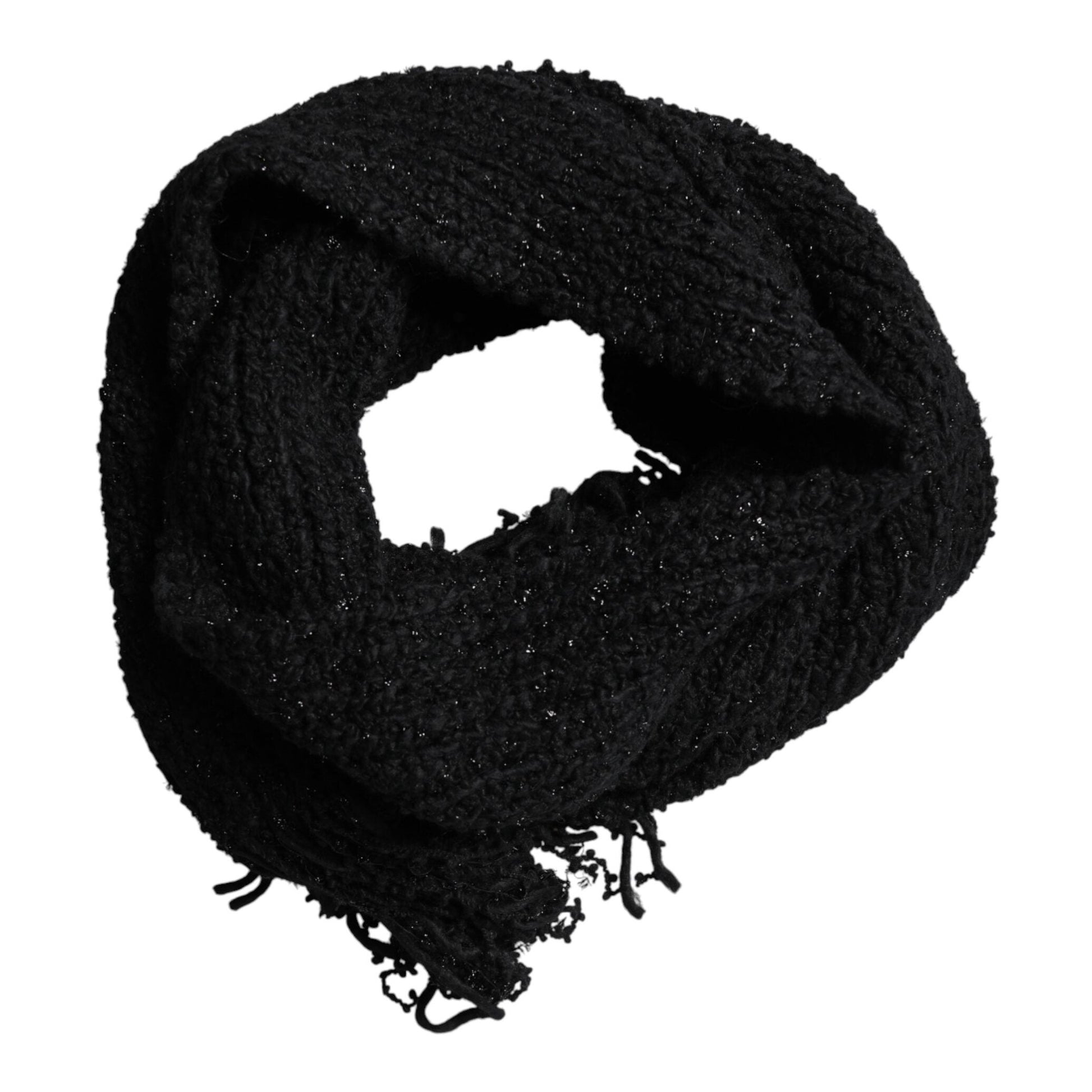 Dolce & Gabbana Black Wool Fringes Neck Wrap Foulard Scarf Dolce & Gabbana