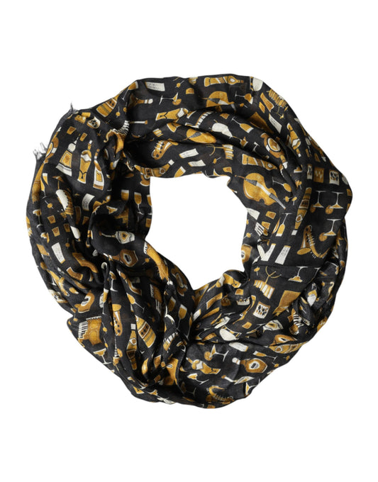 Dolce & Gabbana Black Jazz Club Print Neck Wrap Shawl Scarf Dolce & Gabbana