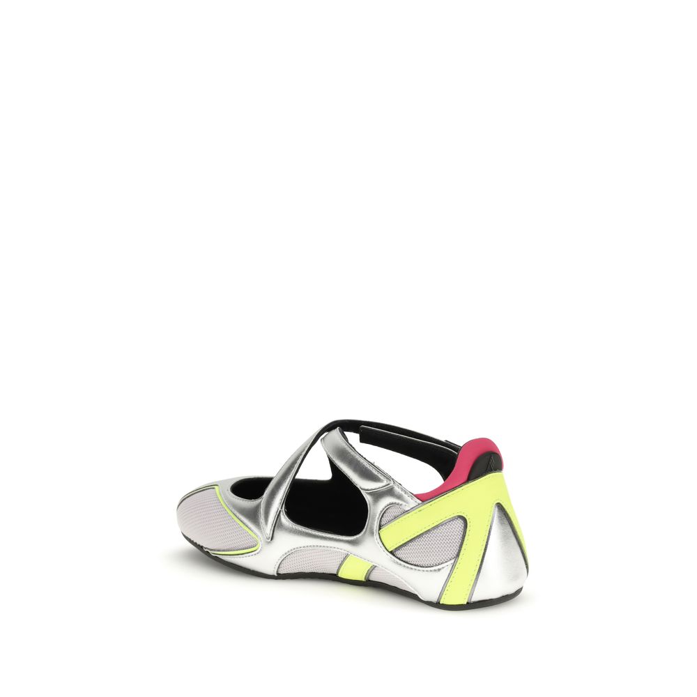 Silver polyurethane ballet flats by The Attico, featuring a sleek, minimalist design and comfortable slip-on style.