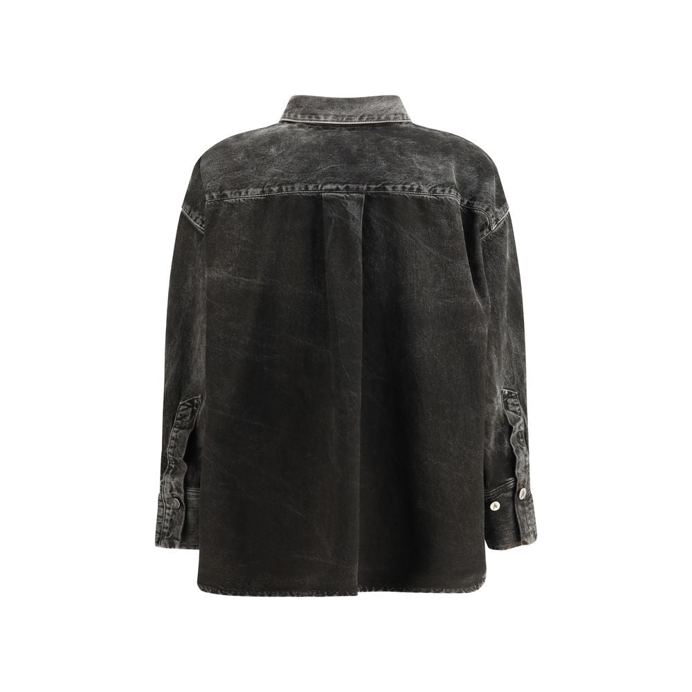 Black denim shirt from The Attico featuring a classic collar, button-down front, and long sleeves, styled on a mannequin.