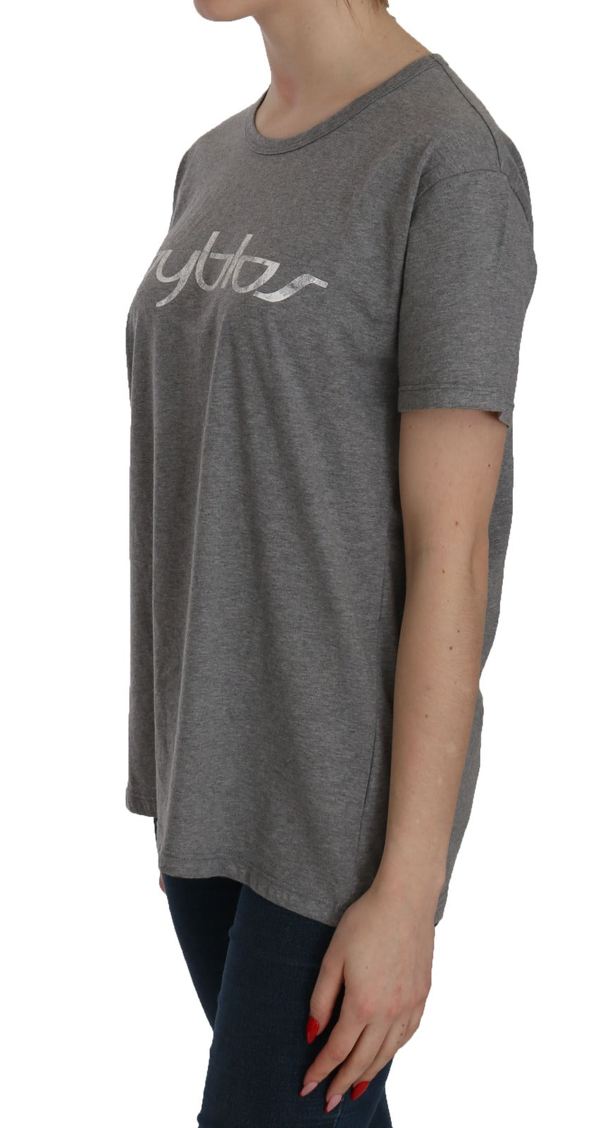 BYBLOS Cotton Grey Short Sleeve Round Neck Top T-shirt Blouse - Eljoys Fashion 