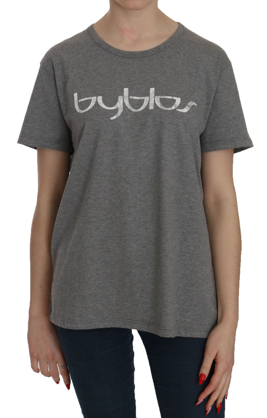 BYBLOS Cotton Grey Short Sleeve Round Neck Top T-shirt Blouse - Eljoys Fashion 