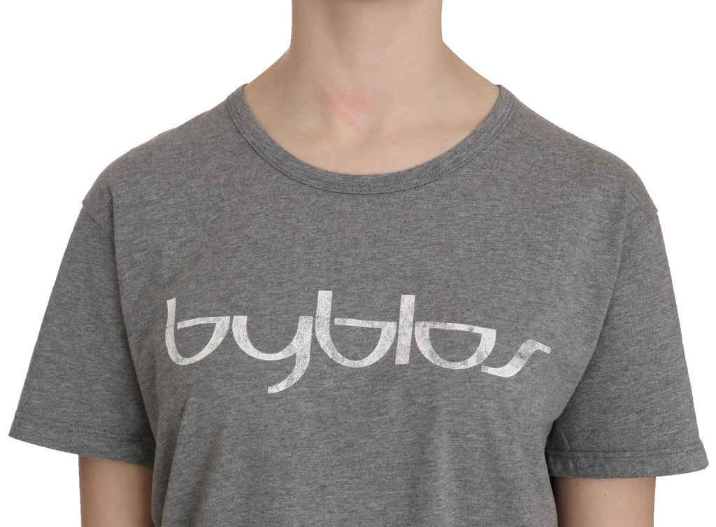 BYBLOS Cotton Grey Short Sleeve Round Neck Top T-shirt Blouse - Eljoys Fashion 