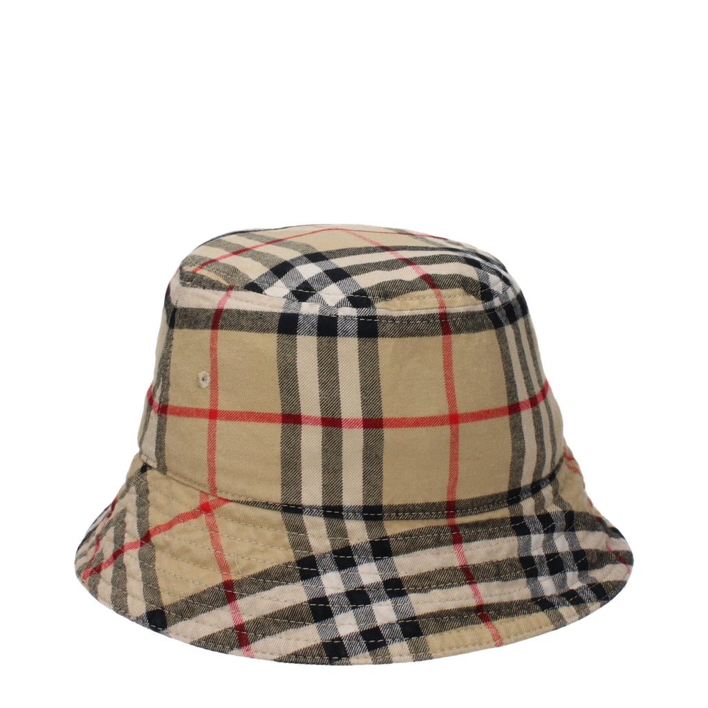 Burberry beige cotton bucket hat with wide brim and classic check pattern, stylish and lightweight accessory.