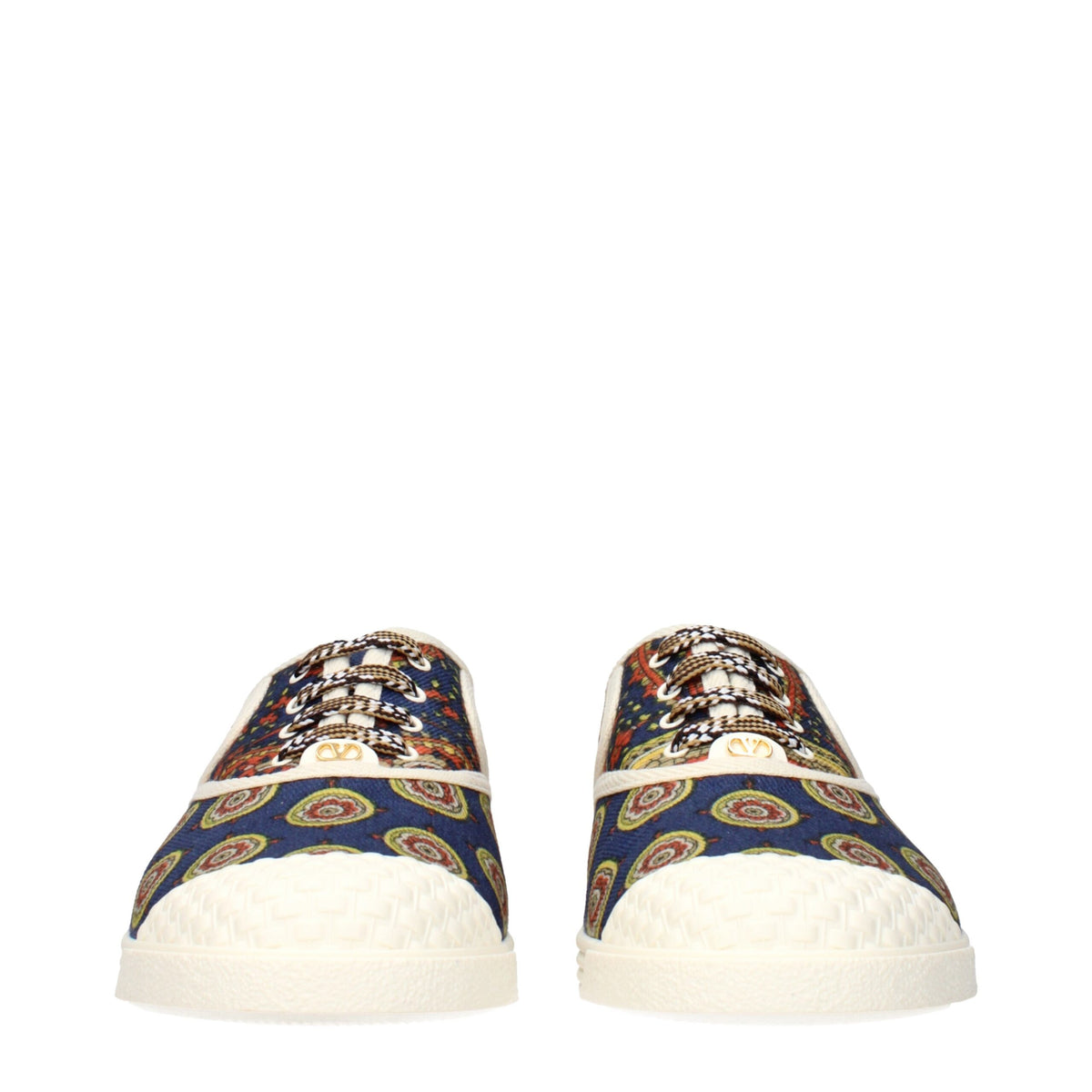 Valentino Garavani multicolor fabric low top sneakers with white soles and vibrant design details on a white background.