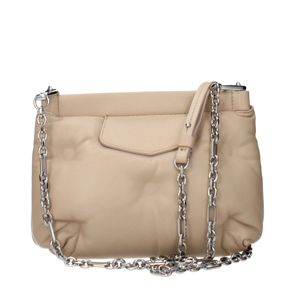 Beige leather Maison Margiela crossbody bag with adjustable strap and minimalist design, featuring subtle branding and sleek finish.