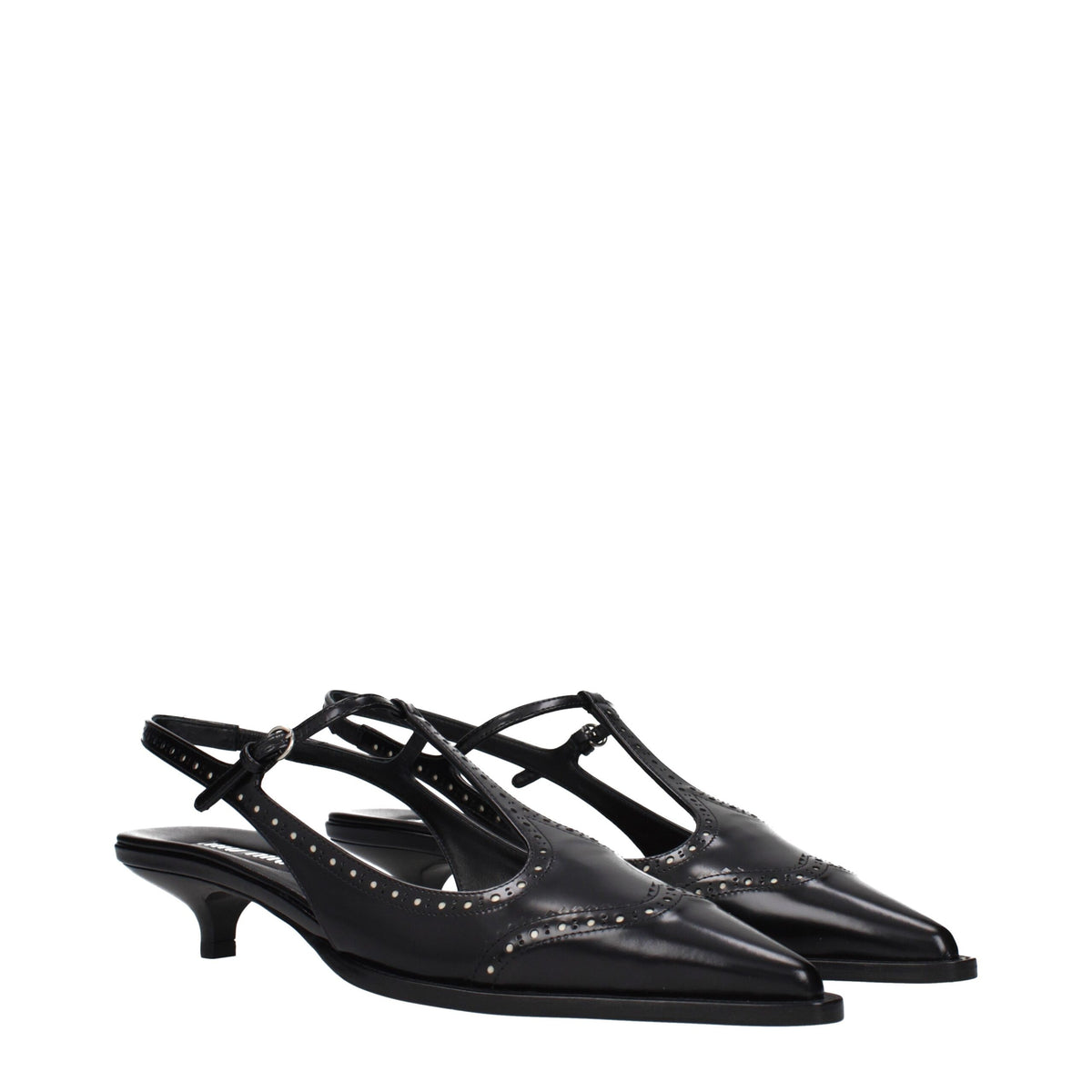 Black leather Miu Miu mid heel pumps with sleek design and rounded toe, perfect for elegant daytime or evening wear.