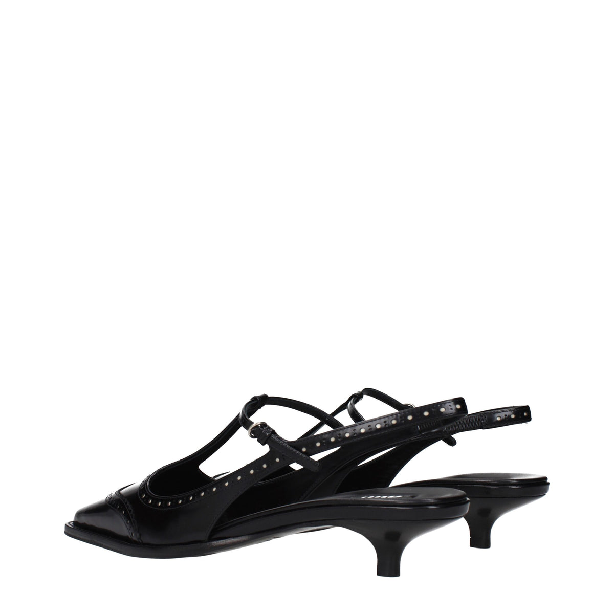 Black leather Miu Miu mid heel pumps with pointed toes and elegant design, perfect for stylish occasions.