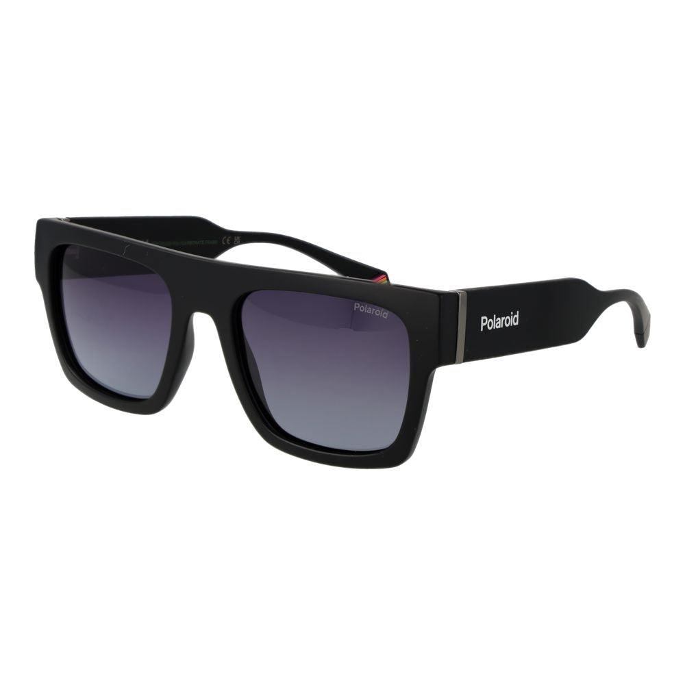 Polaroid black plastic sunglasses with dark tinted lenses and sleek frame, stylish eyewear for sun protection.