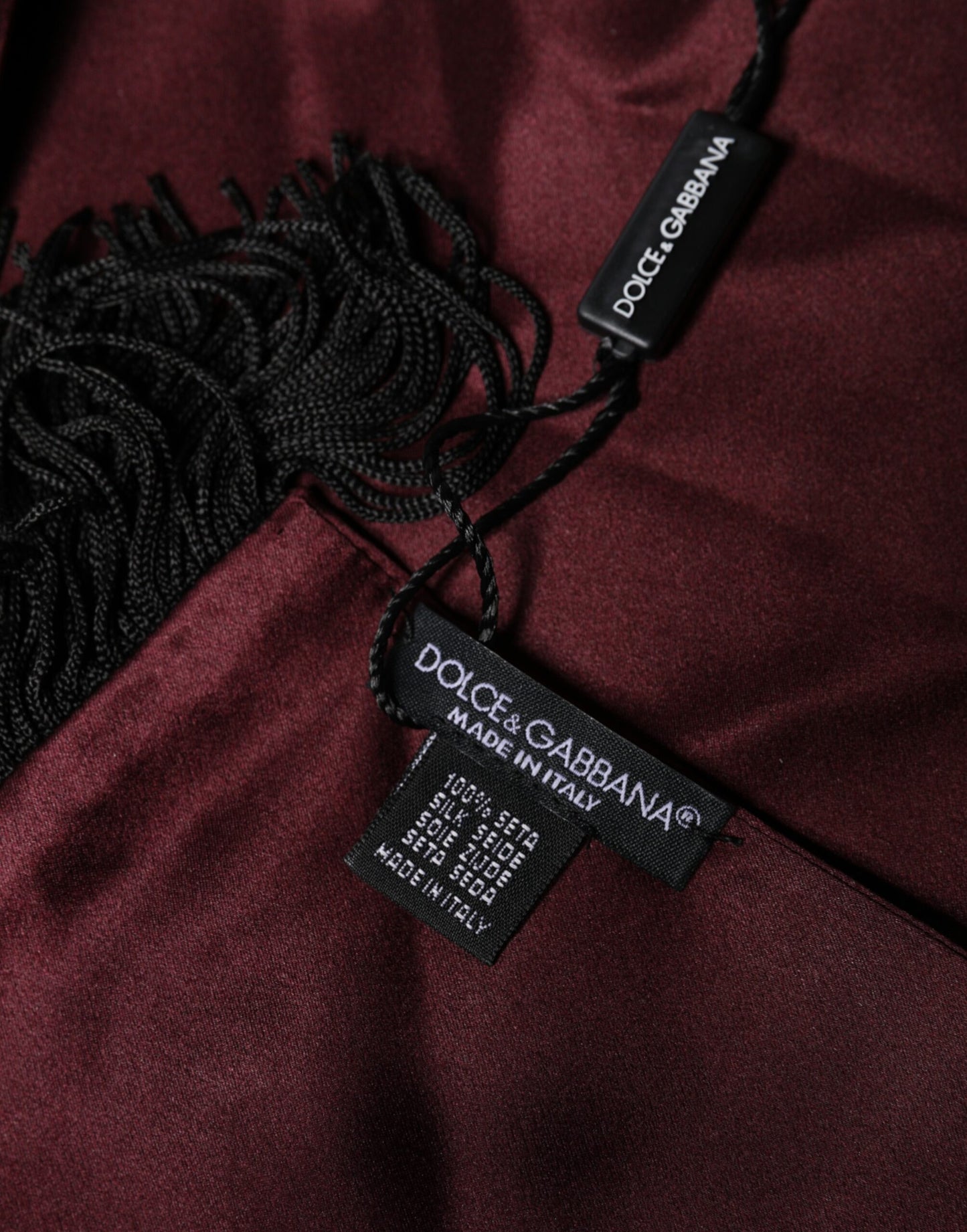 Dolce & Gabbana Maroon Silk Satin Fringes Neck Foulard Scarf Dolce & Gabbana