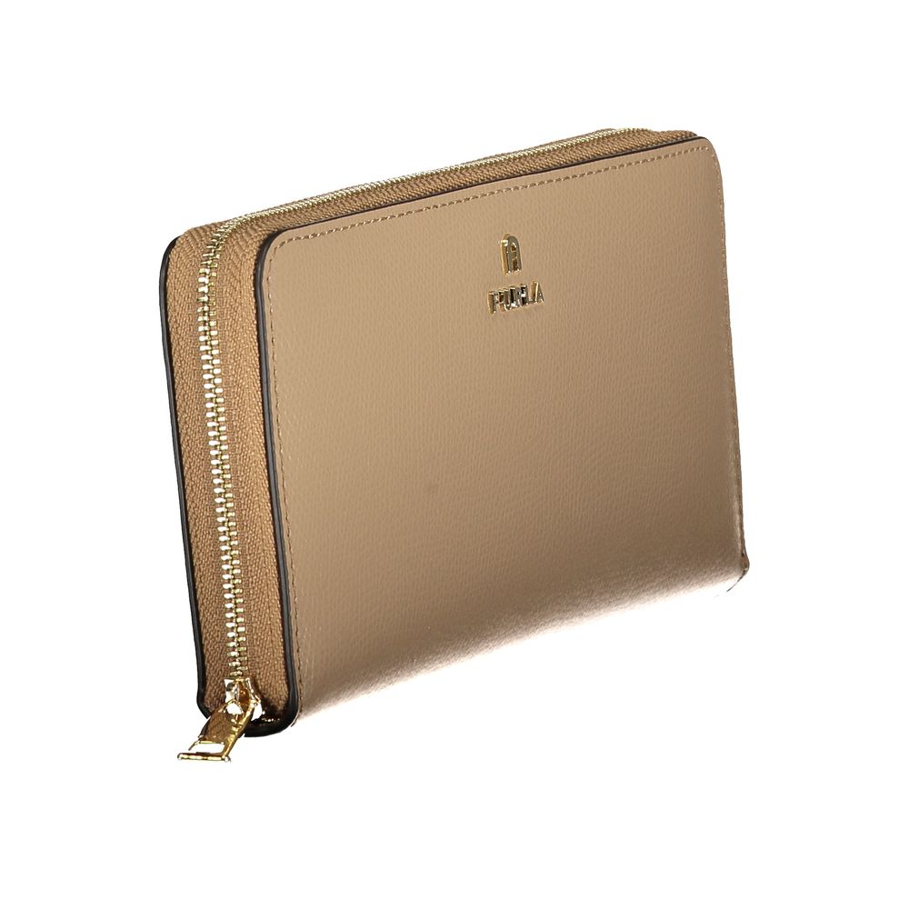 Furla beige leather woman wallet with compact design and gold-tone logo accent, featuring multiple card slots and a zip coin pocket.