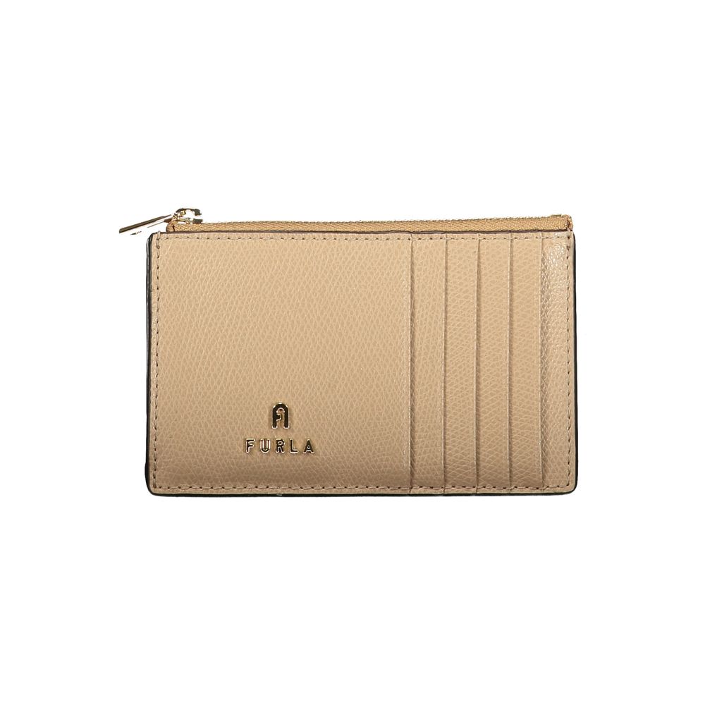 Furla beige leather women's wallet with multiple card slots and a sleek design, showcasing high-quality craftsmanship.