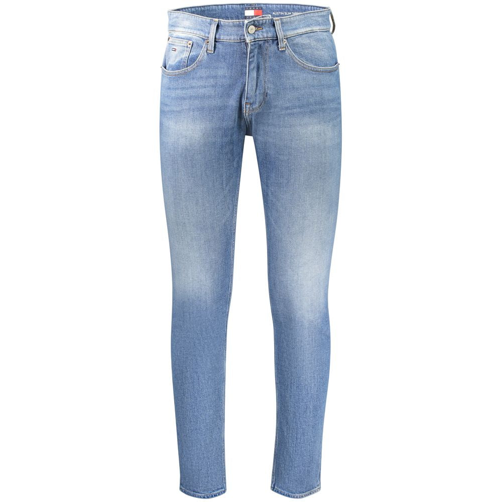 Tommy Hilfiger men's blue cotton jeans with classic fit and five-pocket style, shown folded on a neutral background.