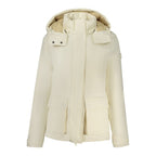 North Sails white polyester women's parka jacket with hood, front pockets, and a sleek, modern design.
