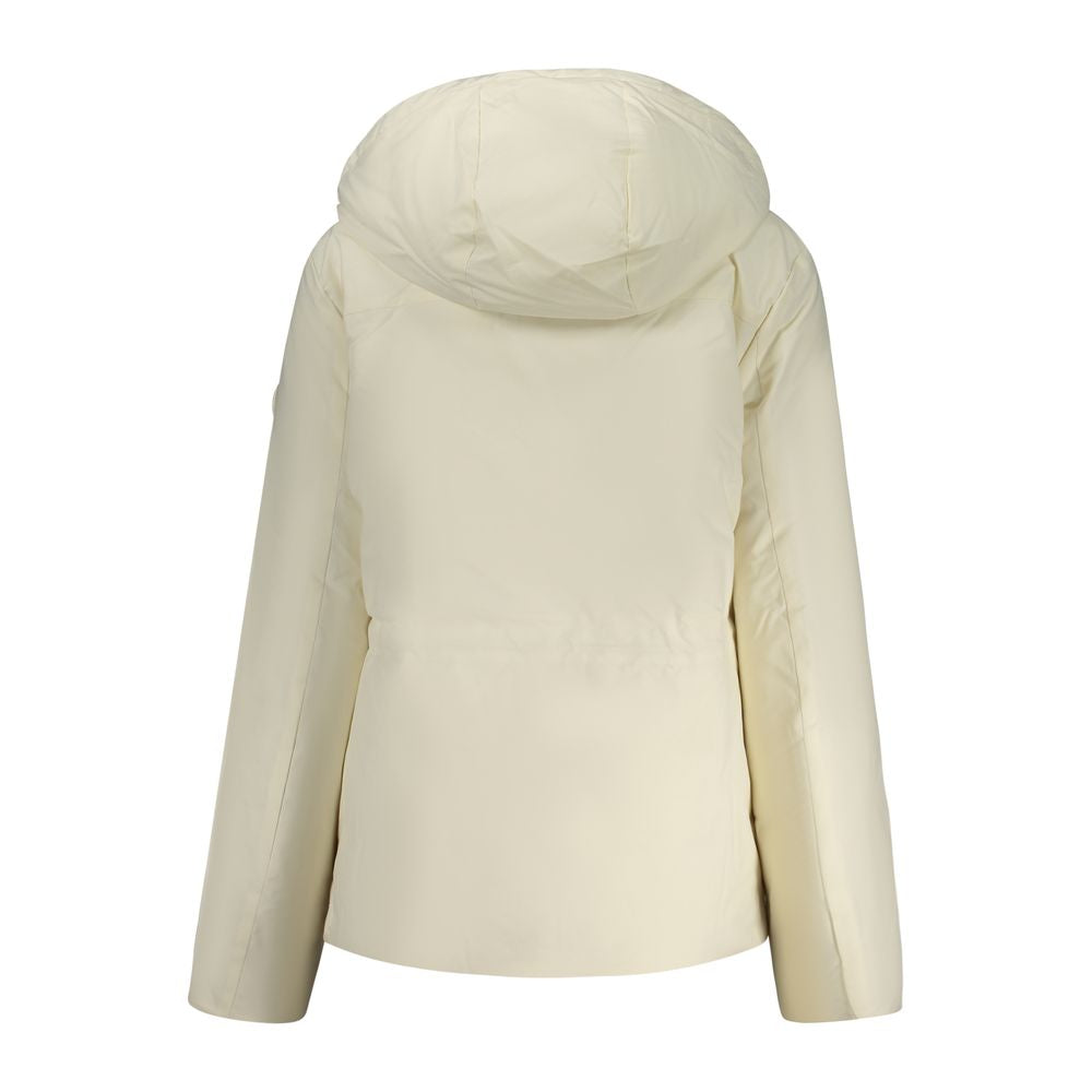 North Sails white polyester women's parka jacket with hood, front pockets, and adjustable cuffs.