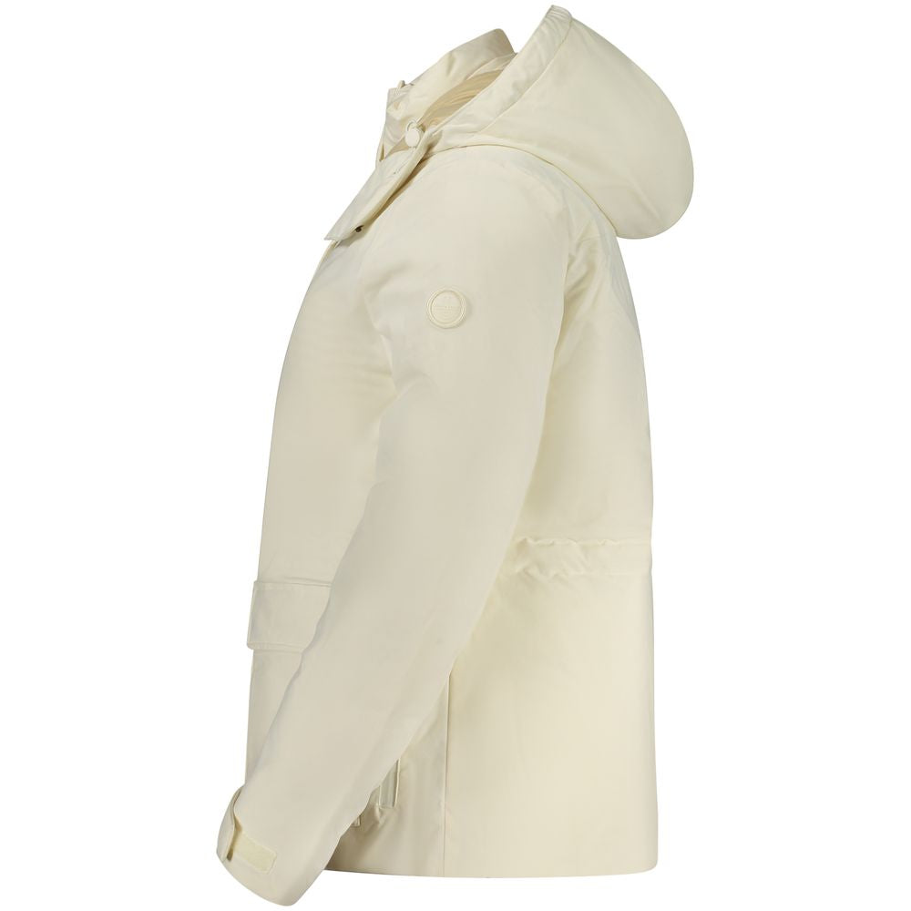 White North Sails polyester women's parka jacket with hood, front zipper, and button details for outdoor wear.