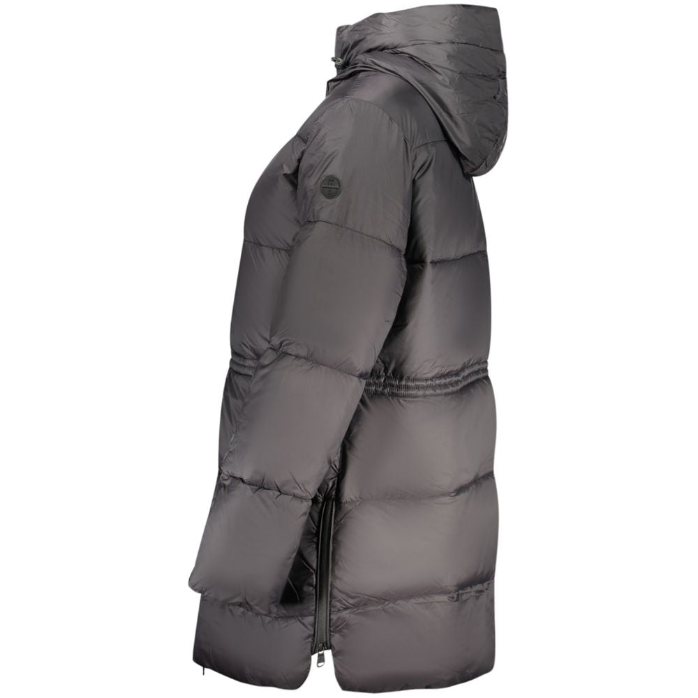 North Sails Nero polyester women's jacket shown on a model, featuring a sleek black design with a fitted style and functional details.