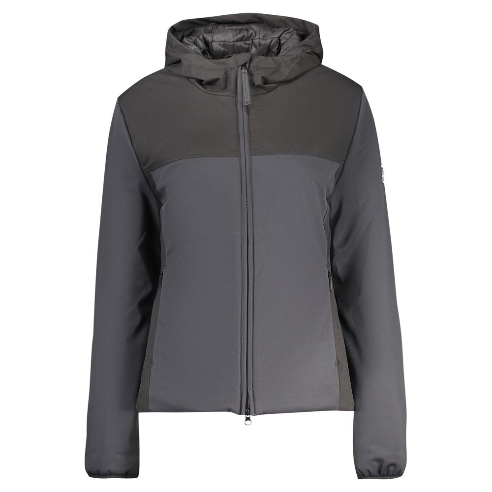 North Sails black women's polyester jacket with hood, front zipper, and side pockets for a sleek, functional outdoor look.
