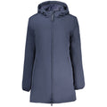 North Sails blue polyester women's jacket displayed, featuring a lightweight design with a front zipper and hood for outdoor wear.