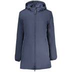 North Sails blue polyester women's jacket displayed, featuring a lightweight design with a front zipper and hood for outdoor wear.