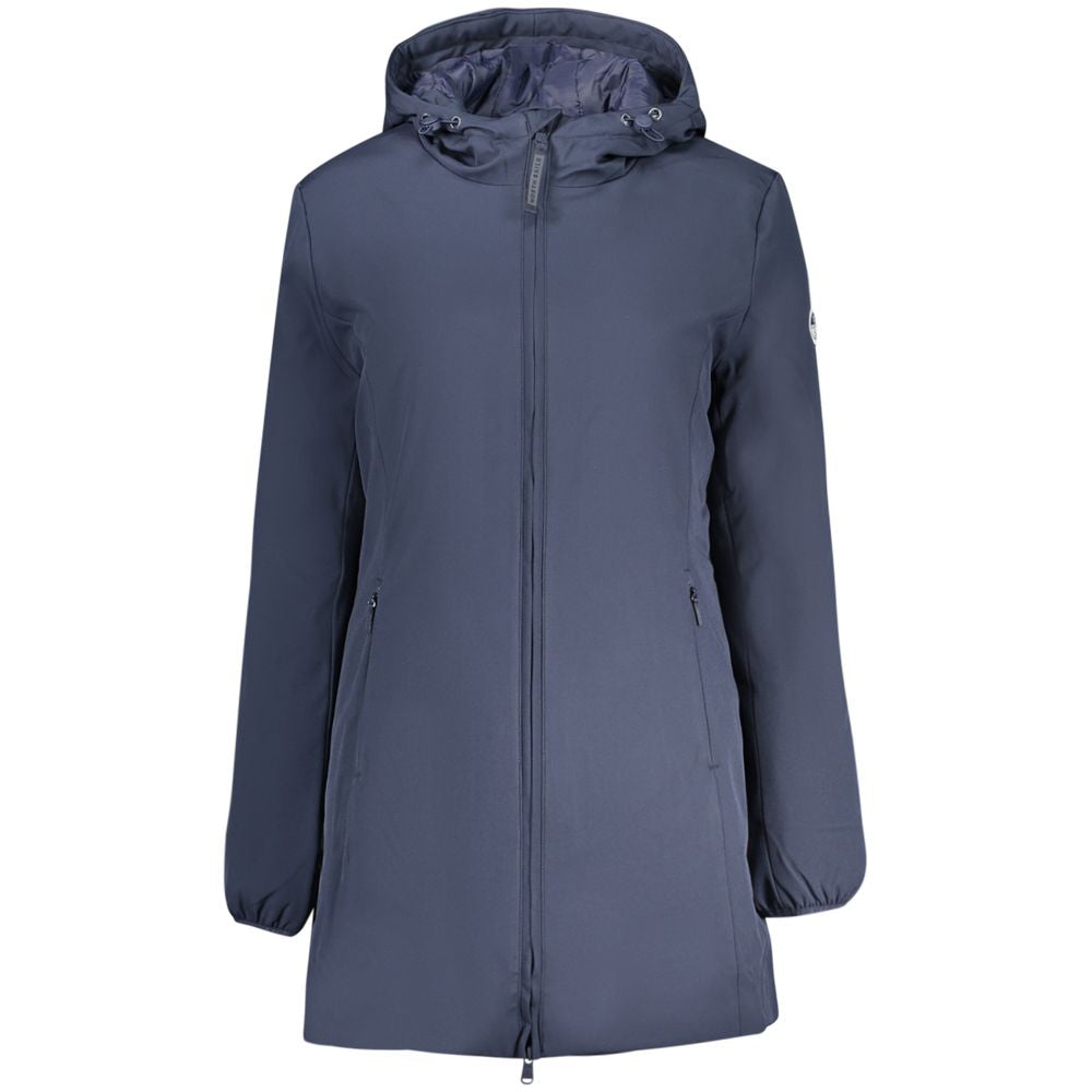 North Sails blue polyester women's jacket displayed, featuring a lightweight design with a front zipper and hood for outdoor wear.