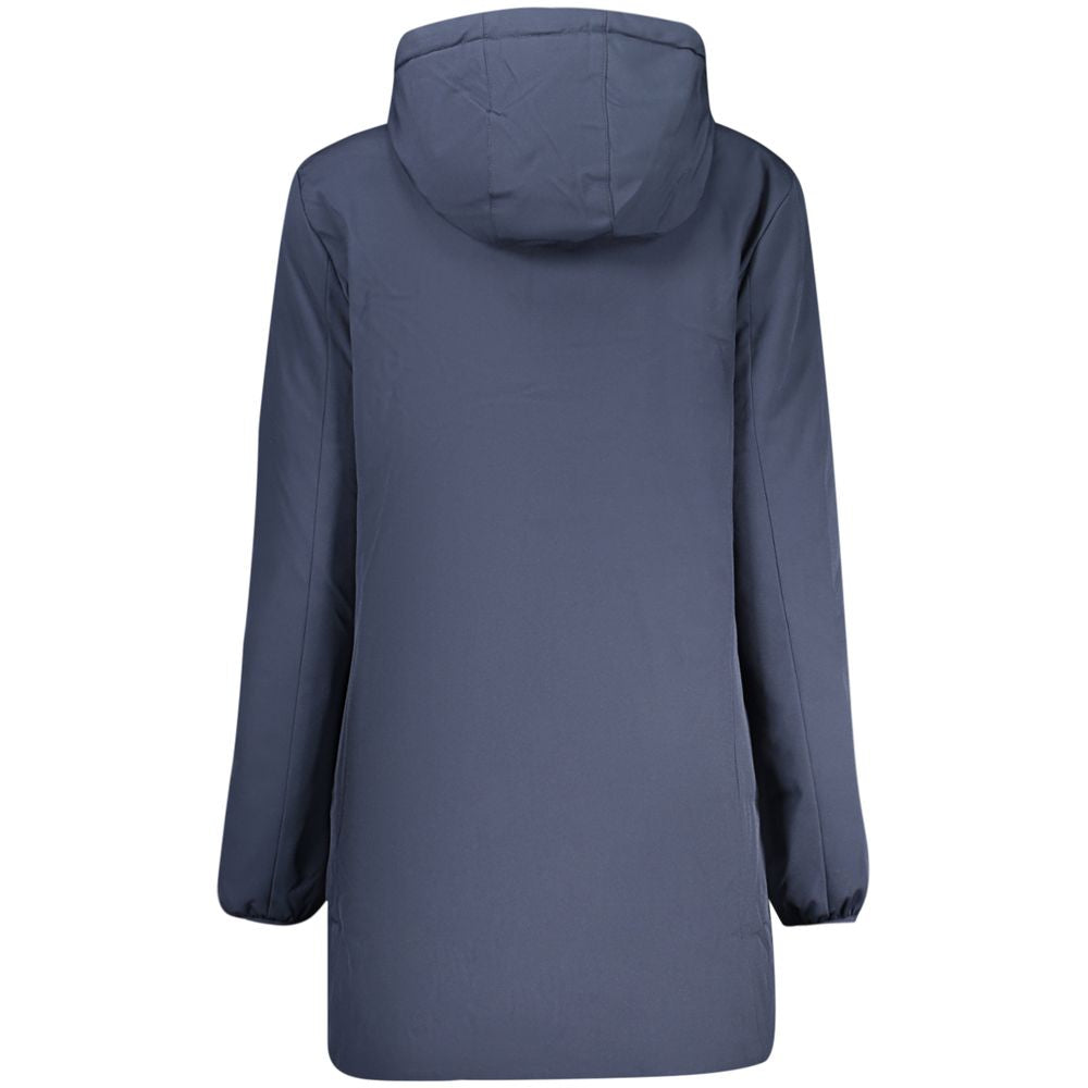 North Sails blue polyester women's jacket displayed on a hanger, showcasing the lightweight, waterproof outerwear.