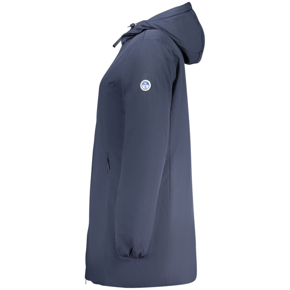 North Sails blue polyester women's jacket with hood, front zipper, and casual style, perfect for sailing or everyday wear.