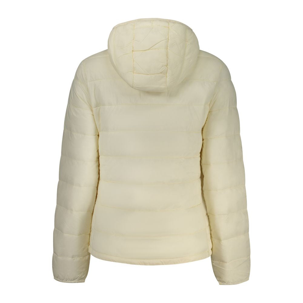 North Sails white polyester women's jacket displayed on a hanger, showcasing its sleek design and lightweight fabric.
