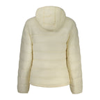 North Sails white polyester women's jacket displayed on a hanger, showcasing its sleek design and lightweight fabric.