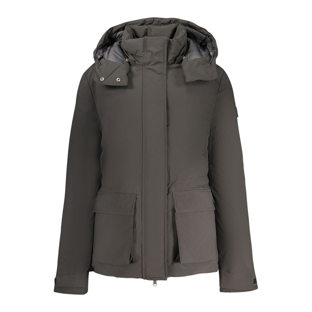 Black North Sails women’s polyester jacket with a fitted design, featuring a high collar and zipper closure.