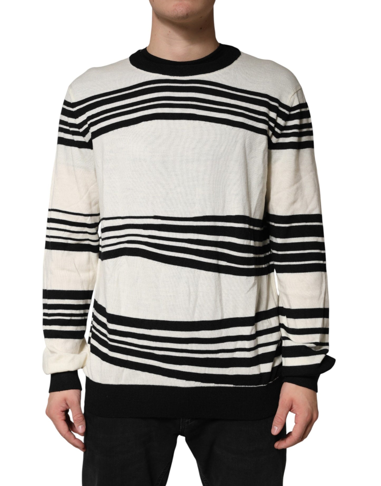 Dolce & Gabbana Black White Stripe CrewNeck Pullover Sweater Dolce & Gabbana