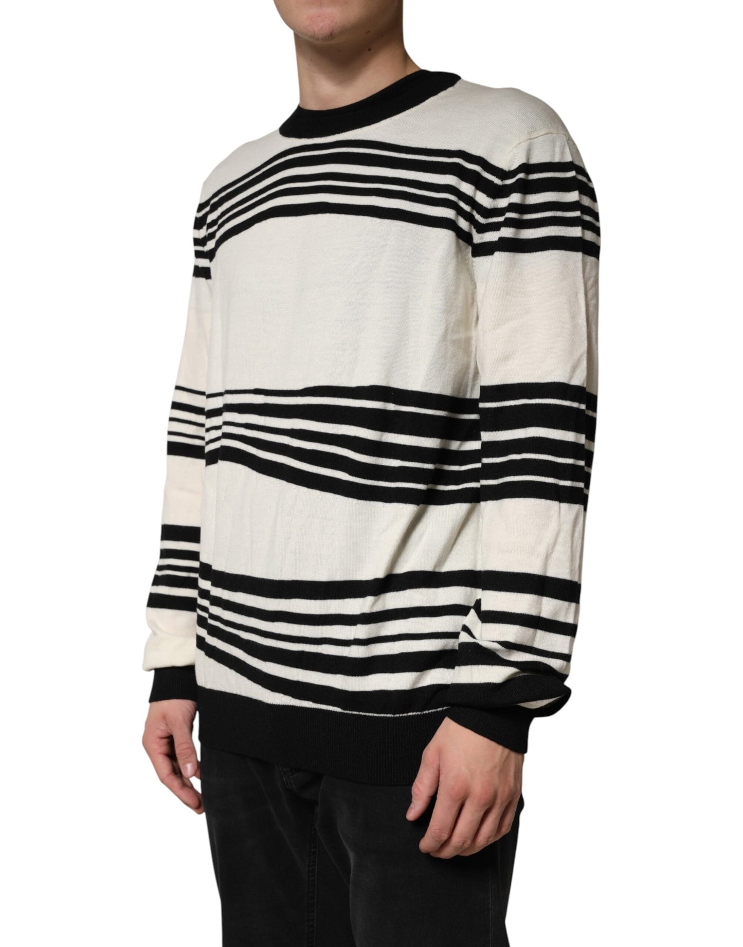 Dolce & Gabbana Black White Stripe CrewNeck Pullover Sweater Dolce & Gabbana