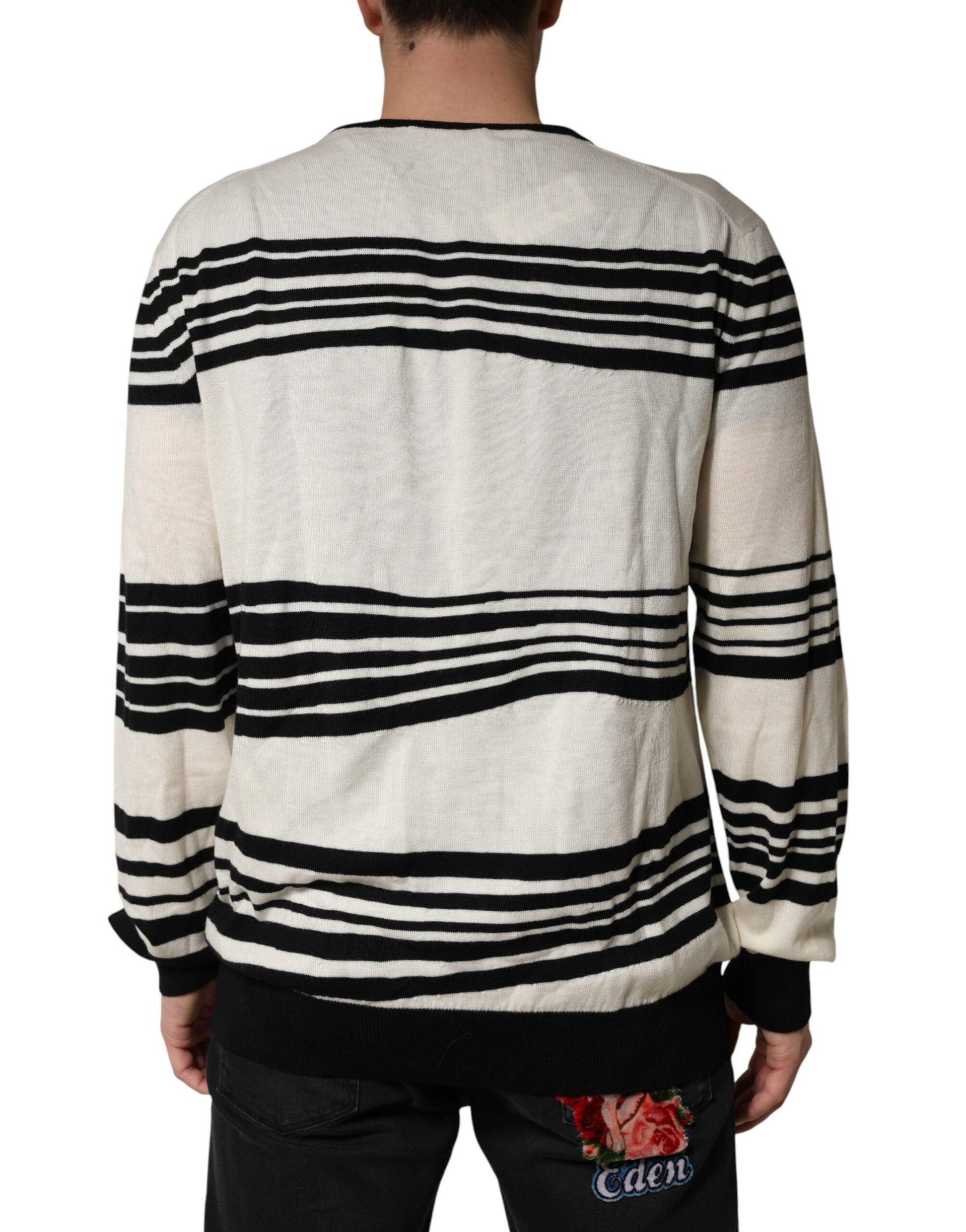 Dolce & Gabbana Black White Stripe CrewNeck Pullover Sweater Dolce & Gabbana