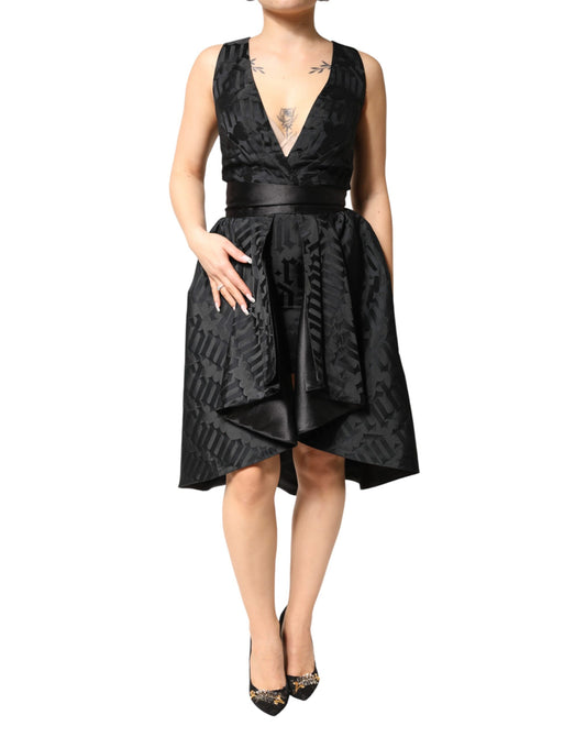 John Richmond Black Jacquard Deep V-neck Sleeveless 2 Pc Dress John Richmond