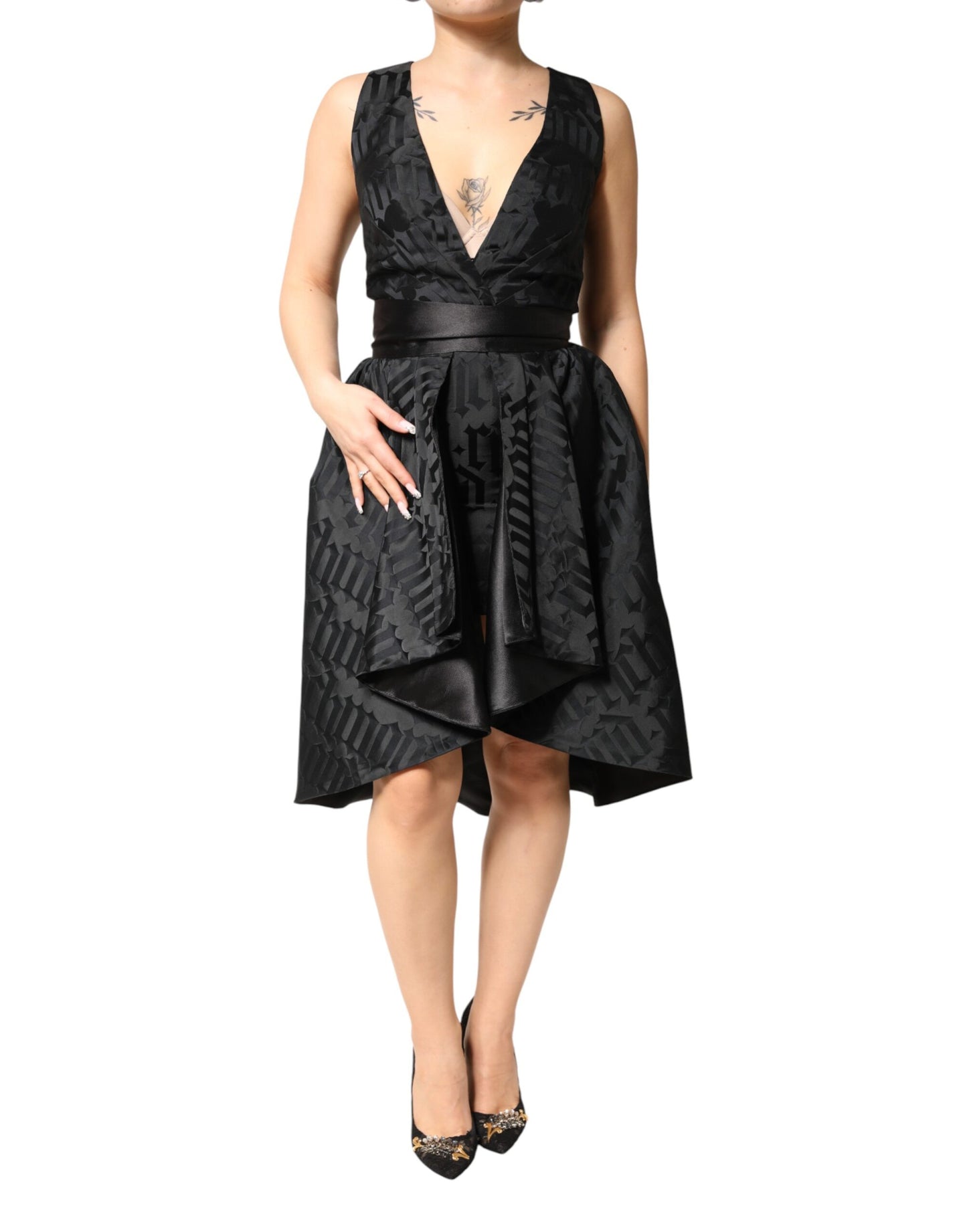 John Richmond Black Jacquard Deep V-neck Sleeveless 2 Pc Dress John Richmond