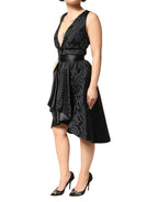 John Richmond Black Jacquard Deep V-neck Sleeveless 2 Pc Dress